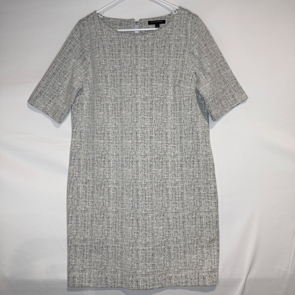 Banana Republic Black White Textured Tweed Shift Dress Size 14 Short Sleeve